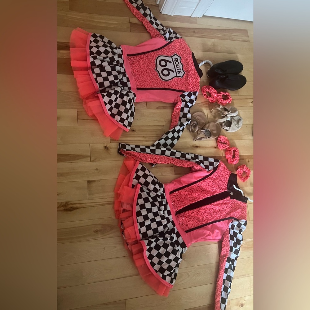 2 LC Route 66 dance costumes w/ scrunchies shoes size #3 - jazz slippers YM